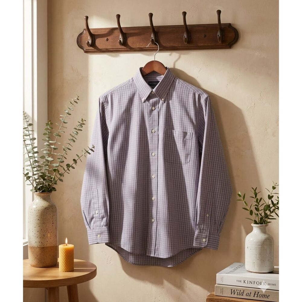 Lands' End Shirt Mens 15-33 M Purple Plaid No Iron Oxford Button Down Cotton - Picture 1 of 9